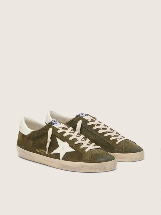 Super-Star homme en cuir velours vert olive avec étoile en cuir blanc