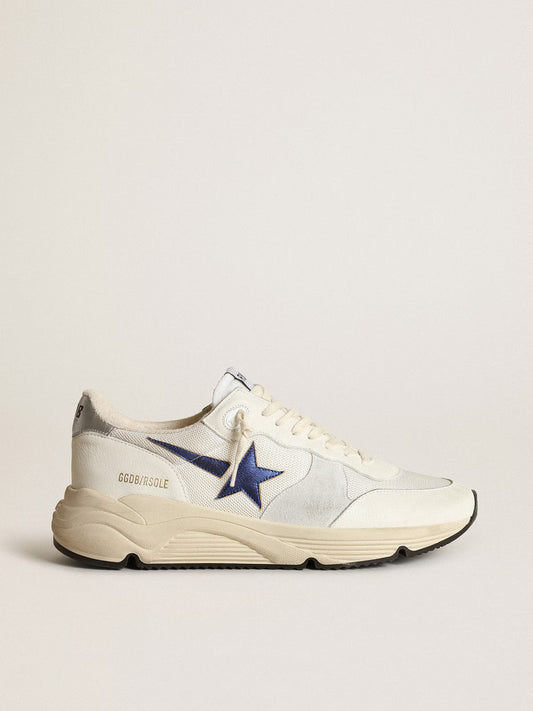Running Sole en cuir et en résille blancs avec étoile en cuir lamé bleu