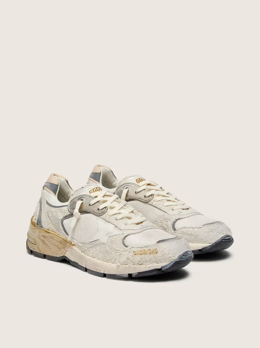 Dad-Star pour femme en cuir velours et résille avec étoile en cuir blanc et contrefort en cuir beige
